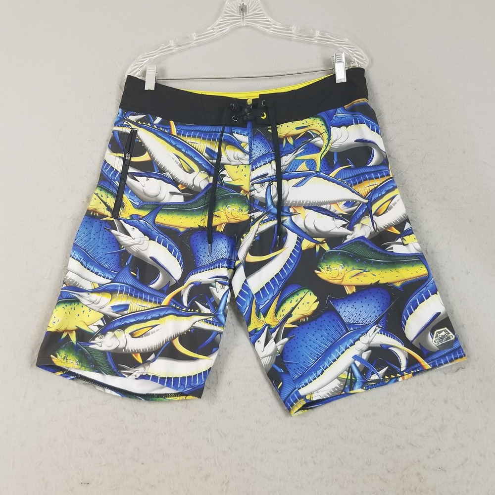 Pelagic Board Shorts Mens 32 Blue Hydro-Lite Fish Print Marlin Tuna Mahi Mahi
